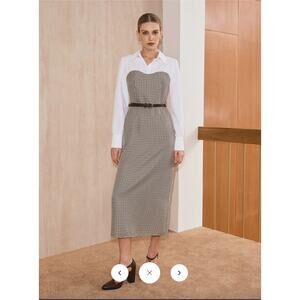 NWT Commense 2 in 1 Shirt Plaid Panel Midi Dress with Belt Sz S